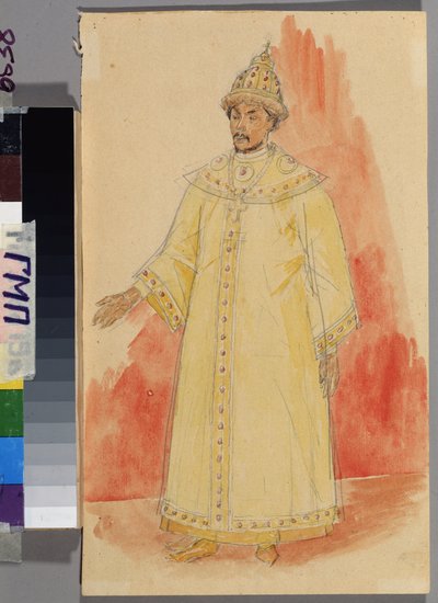 Modeszt Muszorgszkij (1839-1881) „Borisz Godunov” című operájának jelmezterve. Kuzma Szergejevics Petrov Vodkin (Petrov-Vodkin) (Kouzma Petrov Vodkin) (Petrov-Vodkin) (1878-1939) munkája, ceruza és akvarell papíron alkotó: Kuzma Sergeevich Petrov Vodkin