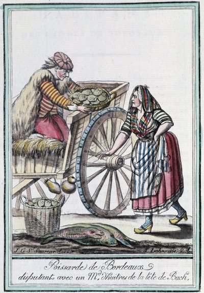 Poissarde de Bordeaux vitatkozik egy osztrigakereskedővel a Buch éléről – J. Grasset, St Sauveur, Deron, Párizs „” Utazások enciklopédiája” című könyvében alkotó: L.F. Labrousse