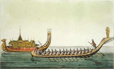 Burmai hajók, illusztráció Giulio Ferrario „Le Costume Ancien et Moderne” című művéből, az 1820-as és 30-as évek körül megjelent (színes metszet) alkotó: L. Rossi