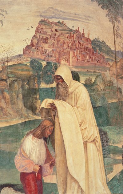 Szent Benedek élete, 4. jelenet: A Romanus szerzetes felöltözteti Benedeket alkotó: L. Signorelli