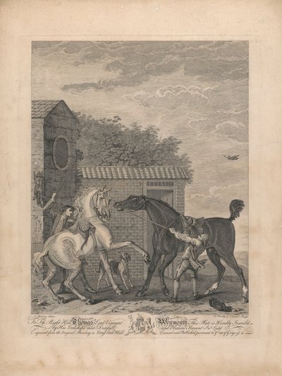 Egy hétből álló készlet, cím nélkül, mindegyik dedikált: A jobboldalnak. Thomas Lord Weymouth vikomt... a Long Leat Hall eredeti festményéből. [Két ló nyugtalanul áll az istálló előtt...] alkotó: L. Truchy