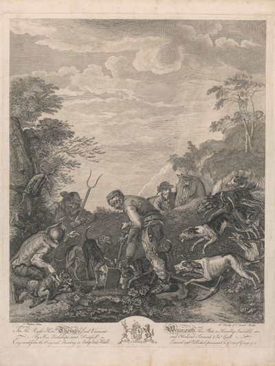 Egy hétből álló készlet, cím nélkül, mindegyik dedikált: A jobboldalnak. Thomas Lord Weymouth vikomt... a Long Leat Hall eredeti festményéből. [Három ember ásta ki a róka földjét, a vadászkutyák mohón figyelték...] alkotó: L. Truchy