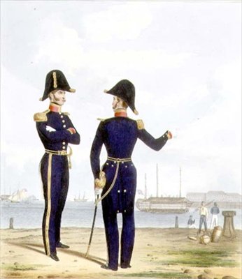 Mesterek, 10. tábla a „Királyi haditengerészet és tengerészgyalogosok jelmezéből”, a művészek metszete, 1830-37 körül (színes litó) alkotó: L. and Eschauzier St. Mansion