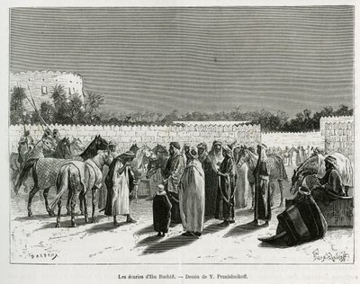Muhammad Ibn Abdullah Al Rashid emír istállói, illusztráció a „Zarándoklat Nejdbe, az arab faj bölcsőjébe” című könyvből, amely a „World Tour”-ban jelent meg Edouard Charton vezetésével. alkotó: Lady Anne Blunt