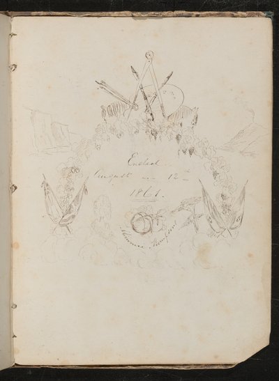 Tanulmány a művészek anyagairól, pillangóról, virágokról, zászlókról, sziklafalról és füzérről a címerformációban az „1861. augusztus 12-én véget ért” felirat körül alkotó: Lady Butler