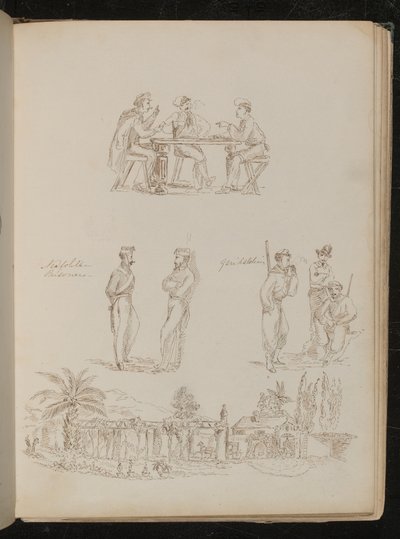 Három katona kártyázik, két "neopolita fogoly" beszélget, három "garibaldi" nyugodtan dohányzik, egy genovai villa alkotó: Lady Butler