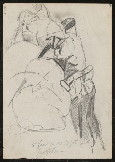 Két katona lefelé lövöldözik homokzsákok fölött, felirattal: „arcba kell nézni, hogy teljes profilt kapjon?”, 1879 alkotó: Lady Butler