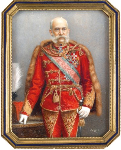 I. Ferenc József osztrák portréja (1830-1916), magyar egyenruhában. Osko Lajos (1865-1922) munkája, akvarell és gouache kürtön. Magyar művészet, akadémiai művészet. Magángyűjtemény. alkotó: Lajos Osko