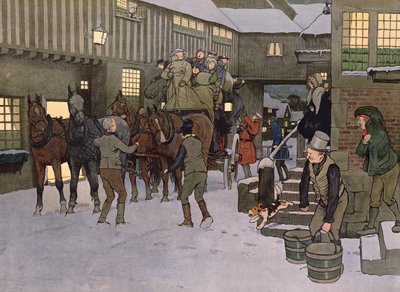Egy edző érkezése (színes litho) alkotó: Laloin Laloin