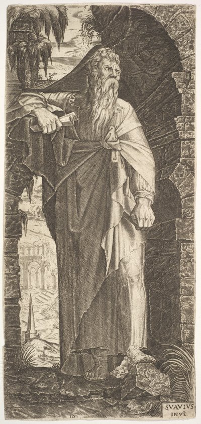 Szent Pál egy benőtt boltív alatt áll, bal lábát egy sziklára támasztja, jobb kezét..., 1545. alkotó: Lambert Suavius