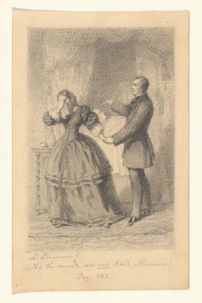 Pár a gyermekük halálos ágyán Ő legalább a mi gyerekünk volt, asszonyom! (cím a tárgyon) alkotó: Lambertus Lingeman (signed by artist)