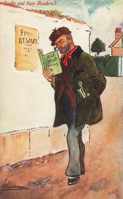 Munkás önsegítő könyvet olvas (színes litó) alkotó: Lance Thackeray