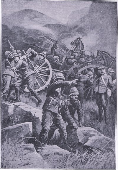 Felborult egy pisztoly egy domboldalon, a Harmsworth Bros Limited által kiadott After Pretoria: The Guerilla War című filmből, 1901 alkotó: Lancelot Speed