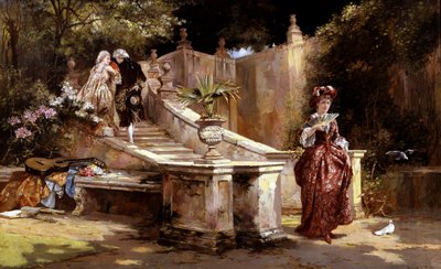 Titkos randevú. Egy titkos randevú. Egy nő a lépcsőn egy legyező mögé rejtőzve suttog a férfi fülébe (rágalmazás, pletyka). Egy fiatal lány a lépcső alján mosolyog anélkül, hogy megfordulna. Egy gitár egy alkotó: Laslett John Pott