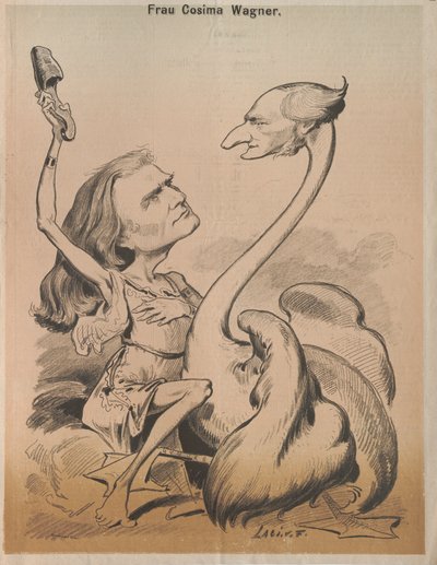Richard Wagner mint Hattyú és Cosima Wagner a Leda címlapja a Die Bombe-nak, 1875. alkotó: Laszlo Frecskay