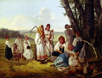 Pihenjen az aratás idején. Parasztok egy csoportja népviseletben a fák árnyékában eszik és oltja szomját gyermekeivel. Lavr Kuzmich Plakhov (1810-1881) festménye, olaj, vászon, 1840 körül. Orosz művészet alkotó: Lavr Kuzmich Plakhov