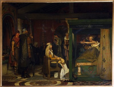 Fredegund (kb. 545-597), Neustria királynője felkeresi Pretextat roueni püspököt (meghalt 586-ban) a halálos ágyán (Fredegund meglátogatja Praetextatus püspököt a halálos ágyán) - Sir Lawrence Alma-Tadema festménye (Alma Tadema) (1836-1912) , olaj, fa alkotó: Lawrence Alma Tadema