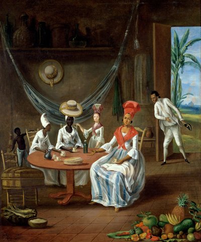 Egy mulatt nő fehér lányával, akit fekete nők látogattak meg a házukban Martinique-on, 1775 alkotó: Le Masurier