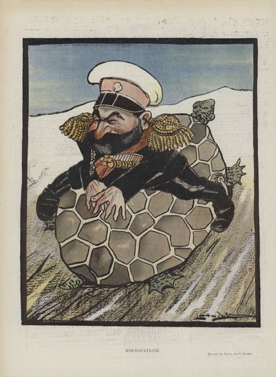 Alekszej Kuropatkin, orosz hadügyminiszter. Illusztráció a Le Rire-hez (színes litó) alkotó: Leal de Camara