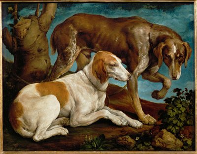 Deux chiens de chasse lies a une souche - Két vadászkutya egy facsonkhoz kötve ... alkotó: Leandro da Ponte Bassano