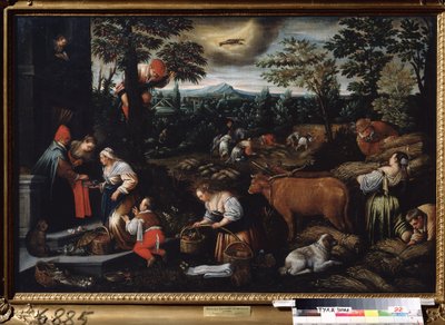 ""Június hónap"" (június) Munka a gazdaságban, cseresznyeszedés és búzagyűjtés. Rák jel szimbólum az égen. Leandro Bassano da Ponte (1557-1622) festménye 1595-1600 Tulai Állami Művészeti Múzeum Oroszország alkotó: Leandro da Ponte Bassano