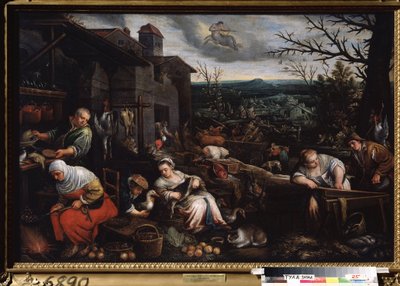 ""A november hónapja"" (November) Egy nő gesztenyét süt, egy másik elkészíti a libákat. A Nyilas jelének szimbóluma az égen. Leandro Bassano da Ponte (1557-1622) festménye 1595-1600 Tulai Állami Művészeti Múzeum Oroszország alkotó: Leandro da Ponte Bassano