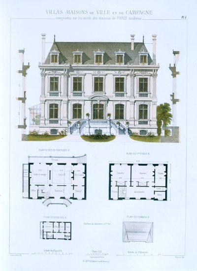 Tervezés a „Párizsi modern házakon alapuló városi és vidéki házakból”, 1864 körül alkotó: Leblanc