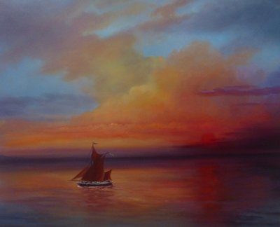 Red Sails - Thames Barge teljes vitorláson, 2022 (olaj, vászon) alkotó: Lee Campbell