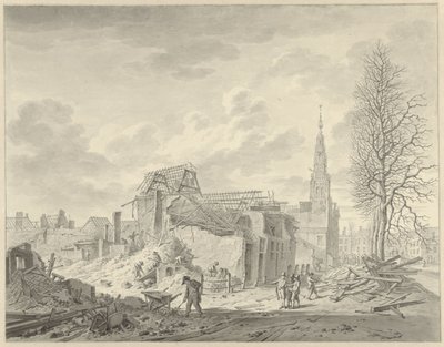 Kilátás a leideni Rapenburgra az 1807. január 12-i puskapor-katasztrófa után alkotó: Leendert Overbeek