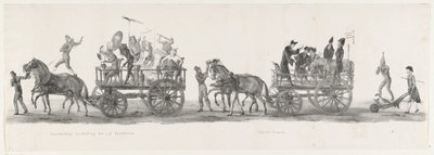 Vijf Faculteiten en een Publieke Promotie, 1835 Zinnebeeldige voorstelling der vijf Faculteiten / Publieke Promotie (title on object) De afzonderlijke voorstellingen, welke den optogt, gehouden door H.H. Studenten der Leidsche Hoogeschool op den 9 Feb: 1   alkotó: Leendert Springer (I)