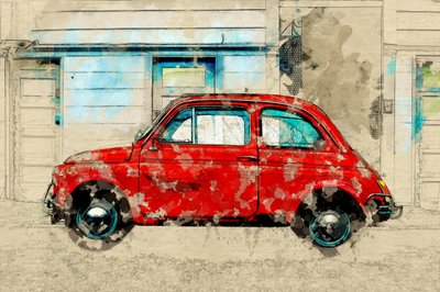 Régi vörös autó az utcán alkotó: Lembayung senja studio [Vintage Poster]