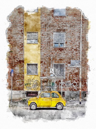 Sárga klasszikus utcai autó alkotó: Lembayung senja studio [Vintage Poster]