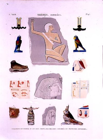 Kőre és fatöredékekre festett domborművek illusztrációi. Hypogees, thébai 47. tábla az „Egyiptom leírásai” II. kötetéből, LeRoy metszete alkotó: Lenoir (after)