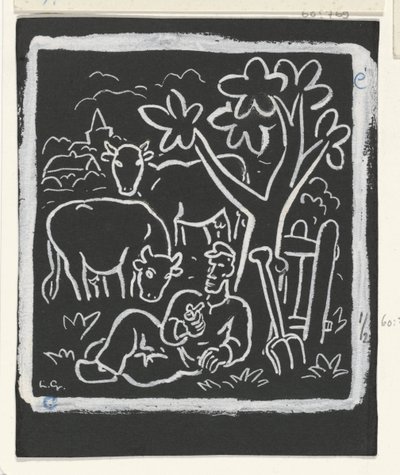 Farmer pihen egy fa alatt a réten tehenekkel alkotó: Leo Gestel (signed by artist)
