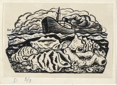 Gőzhajó a tengeren kagylókkal a tengerparton alkotó: Leo Gestel (signed by artist)