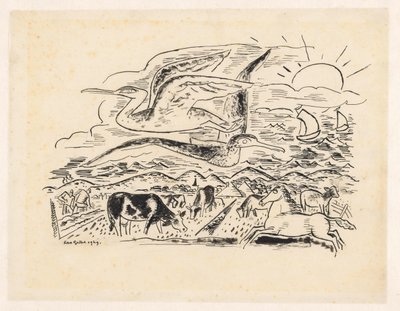 Két madár repül át egy tájon szarvasmarhákkal alkotó: Leo Gestel (signed by artist)