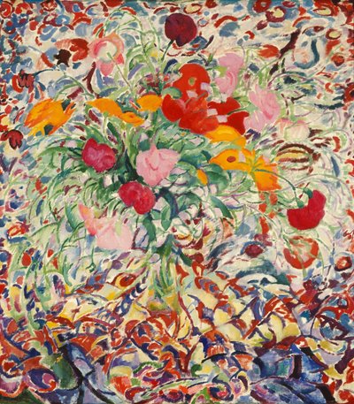 Virágok egy virágos kendő előtt alkotó: Leo Gestel