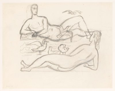 Meztelen férfi és nő a parton, sirályokkal körülvéve alkotó: Leo Gestel