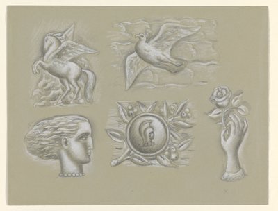 Pegazus, galamb, női fej, fegyver és kéz rózsával alkotó: Leo Gestel