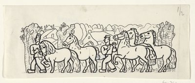 Két gazda végigvezeti lovát egy falun alkotó: Leo Gestel