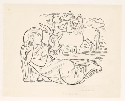 Nő feküdt a tengerparton, két ló és néhány sirály alkotó: Leo Gestel