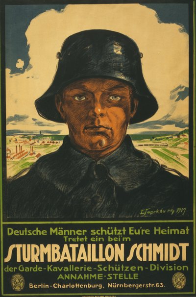 Schmidt rohamzászlóalj; Német férfiak megrázzák a hazát! 1919 (színes litográfia) alkotó: Leo Impekoven