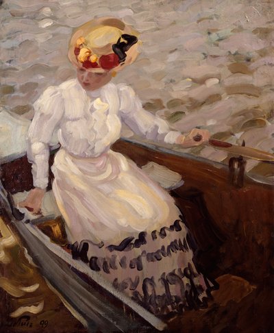Elegáns hölgy evezős csónakban (olaj, vászon) alkotó: Leo Putz