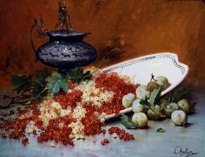 Csendélet piros és fehér ribizliből és zöldbogyóból. Leon-Charles (Leon Charles) Huber (1858-1928) festménye Magángyűjtemény. alkotó: Leon-Charles Huber