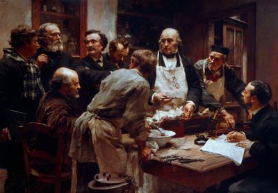 Claude Bernard (1813-1878) orvos boncolási tanfolyama (köténnyel) tanítványai jelenlétében Paul Bert (1833-1886) és Arsonval Arséne (1851-1940) Leon Augustin Lhermitte (1844-1925) festménye 19. századi Párizs, Tudományos Akadémia alkotó: Leon Augustin Lhermitte