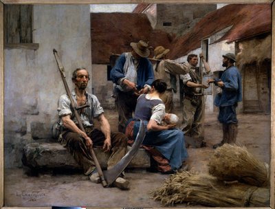 Paraszt aratógépek bértáblája egy tanya udvarán, egyikük hamisítványt tart. Leon Augustin Lhermitte (1844-1925) festménye 1882 V. 2,15x2,72 m Párizs, Muse d