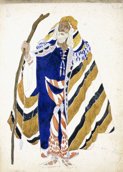 Jelmezterv egy szvit Arabe táncos számára, egy botot tartó idős férfit ábrázolva, alkotó: Leon Bakst