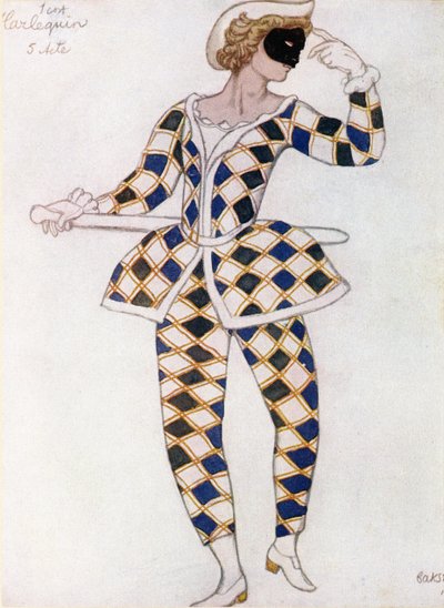 Jelmezterv Harlekinhez, a Csipkerózsika című filmből, 1921 alkotó: Leon Bakst