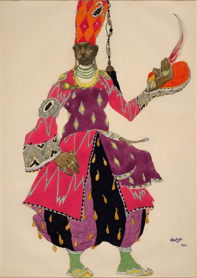 Eunuque "Eunuch" jelmez Nicolas (Nikolaj) Rimski Korszakov (Rimszki-Korszakov) Seherezade (Scheharazade) című balettjéhez, 1922 (akvarell). Jelmez a Seherezade (Scheharazade) de Nicolas (Nikolaj) Rimski Korszakov (Rimszki-Korszakov) (1844-1908) című balett alkotó: Leon Bakst