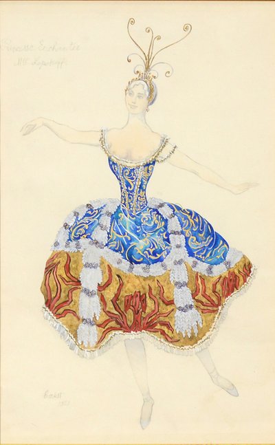 Az elvarázsolt hercegnő. Jelmezterv az 1921-es Az alvó hercegnő című baletthez alkotó: Leon Bakst